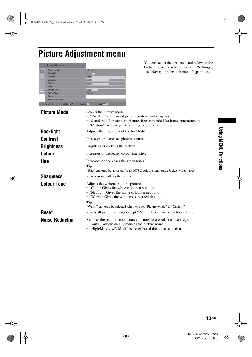 Picture adjustment menu, Picture mode, Backlight | Contrast, Brightness, Colour, Sharpness, Colour tone, Reset, Noise reduction | Sony KLV-26U2520 User Manual | Page 13 / 70