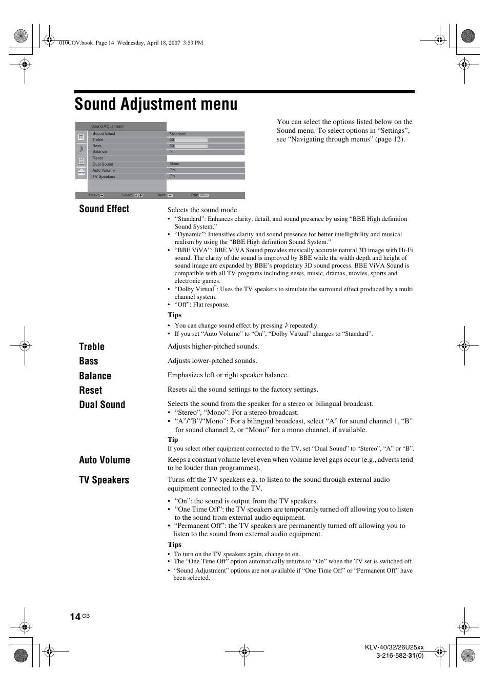 Sound adjustment menu, Sound effect, Treble | Bass, Balance, Reset, Dual sound, Auto volume, Tv speakers | Sony KLV-26U2520 User Manual | Page 14 / 70