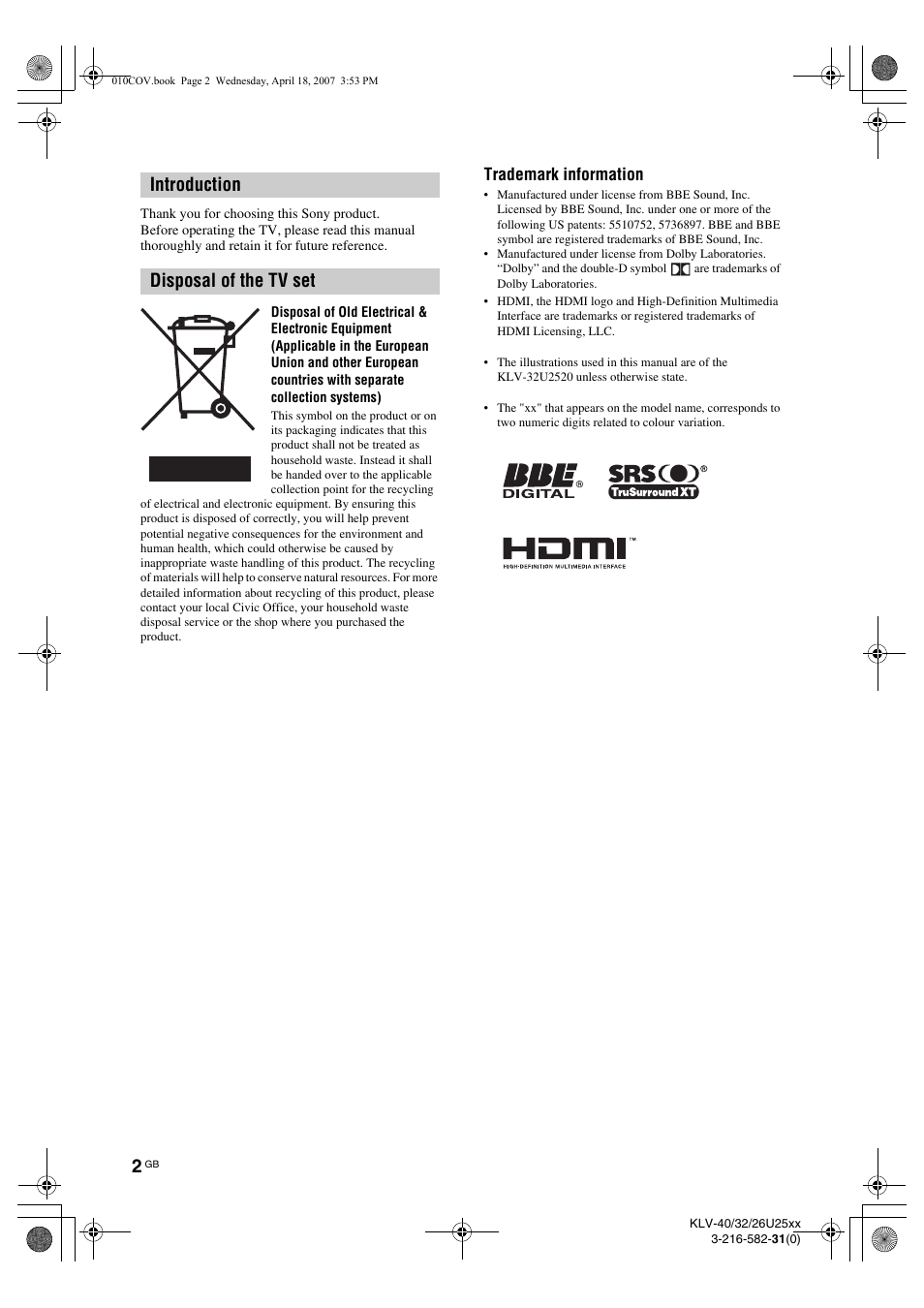 Introduction disposal of the tv set, Trademark information | Sony KLV-26U2520 User Manual | Page 2 / 70