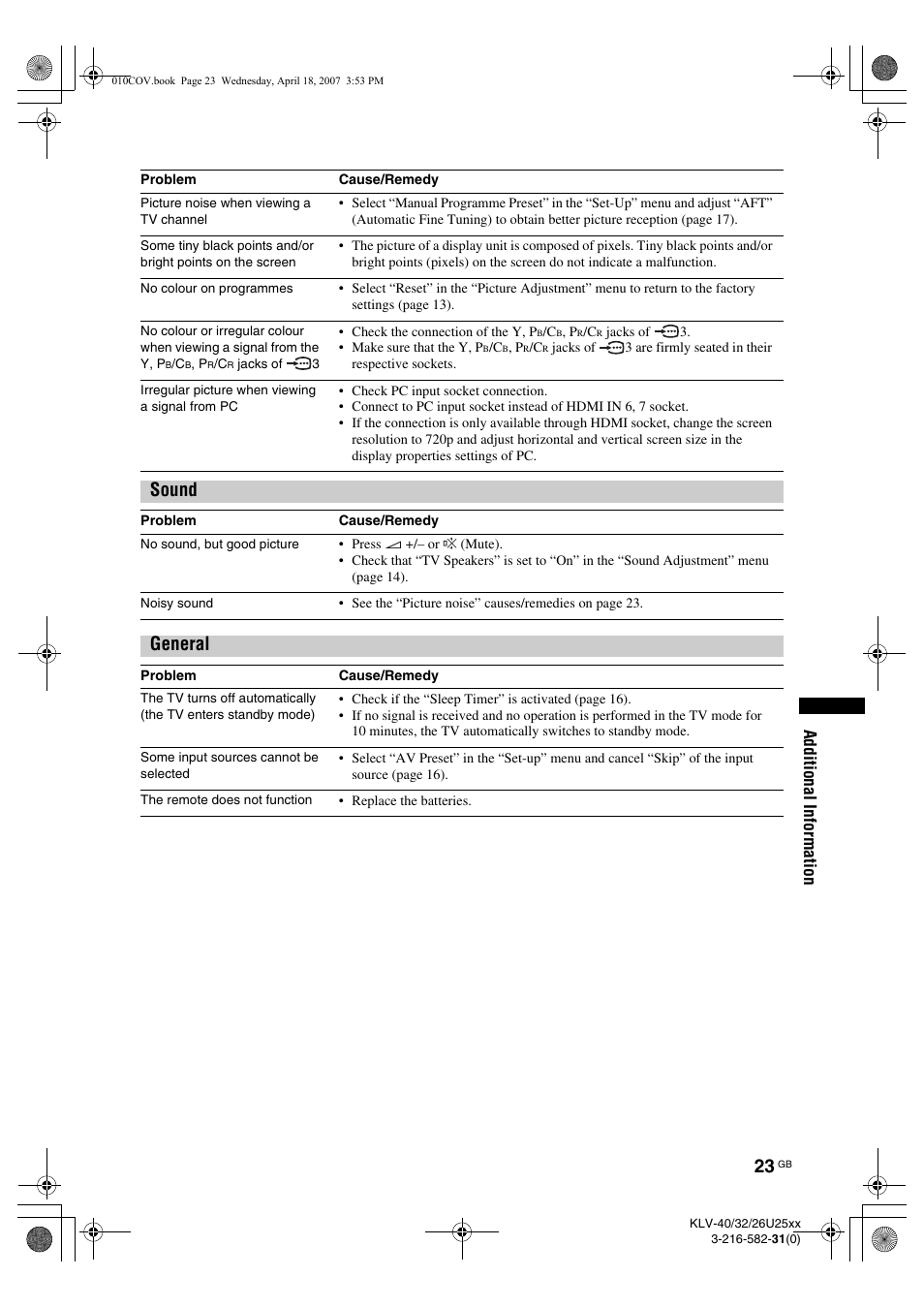 Sound, General, Additional information | Sony KLV-26U2520 User Manual | Page 23 / 70