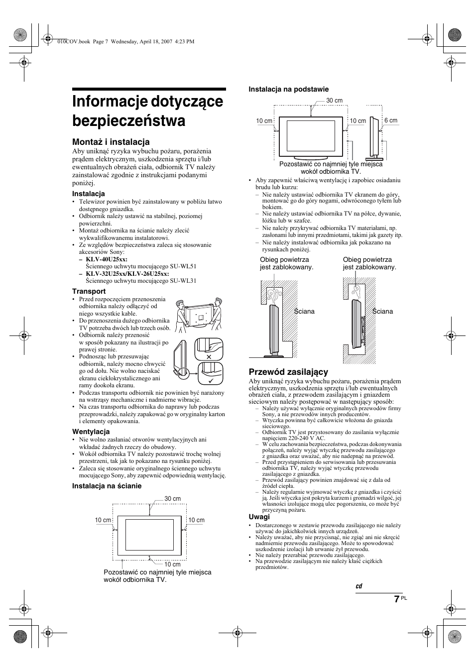 Informacje dotyczące bezpieczeństwa, Montaż i instalacja, Przewód zasilający | Sony KLV-26U2520 User Manual | Page 53 / 70