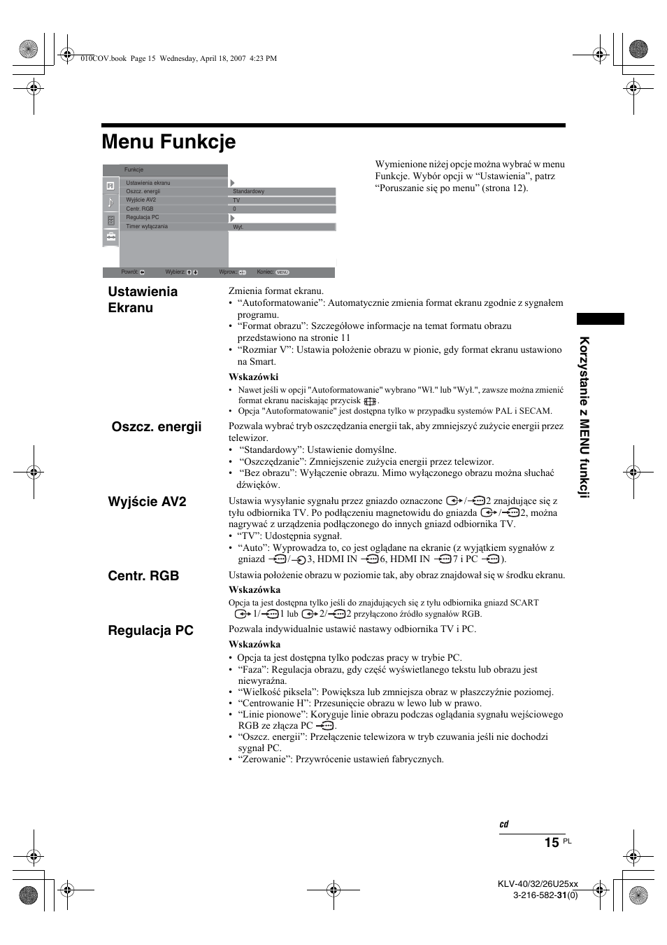 Menu funkcje, Ustawienia ekranu, Oszcz. energii | Wyjście av2, Centr. rgb, Regulacja pc, Korzystanie z menu funkcji | Sony KLV-26U2520 User Manual | Page 61 / 70