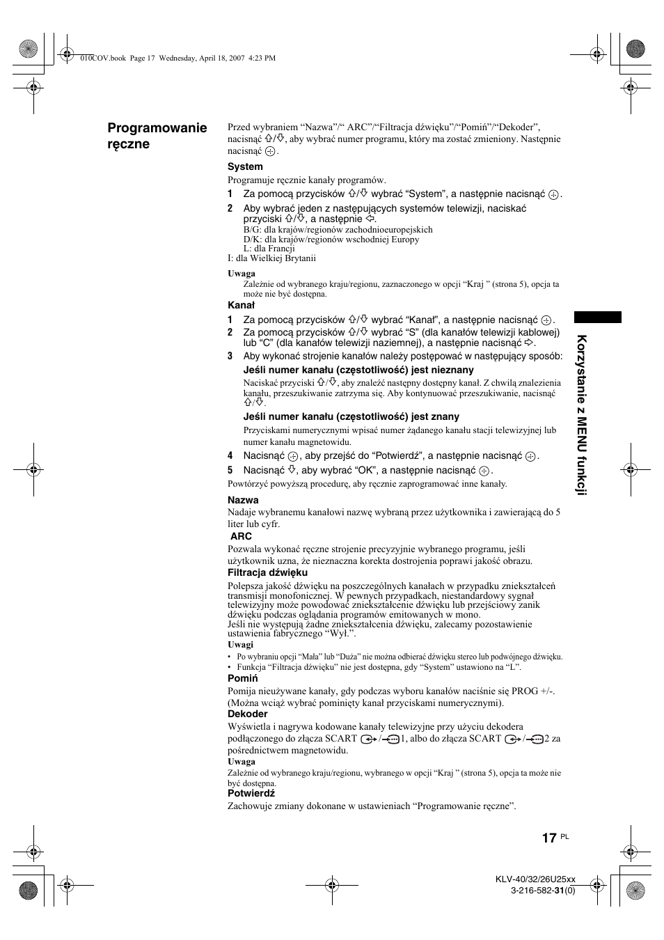 Programowanie ręczne | Sony KLV-26U2520 User Manual | Page 63 / 70