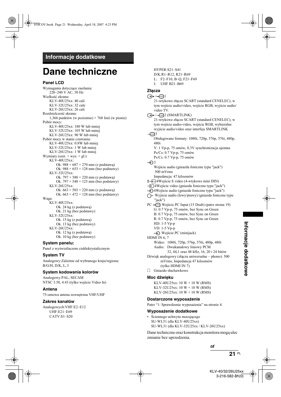 Dane techniczne, Informacje dodatkowe | Sony KLV-26U2520 User Manual | Page 67 / 70