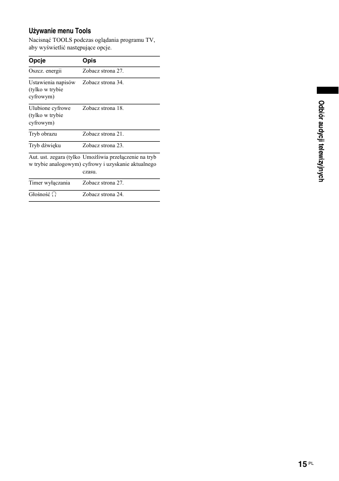 Odbiór audycji telewizyjnych używanie menu tools | Sony KDL-32S2030 User Manual | Page 101 / 129