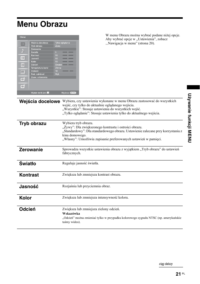 Menu obrazu | Sony KDL-32S2030 User Manual | Page 107 / 129