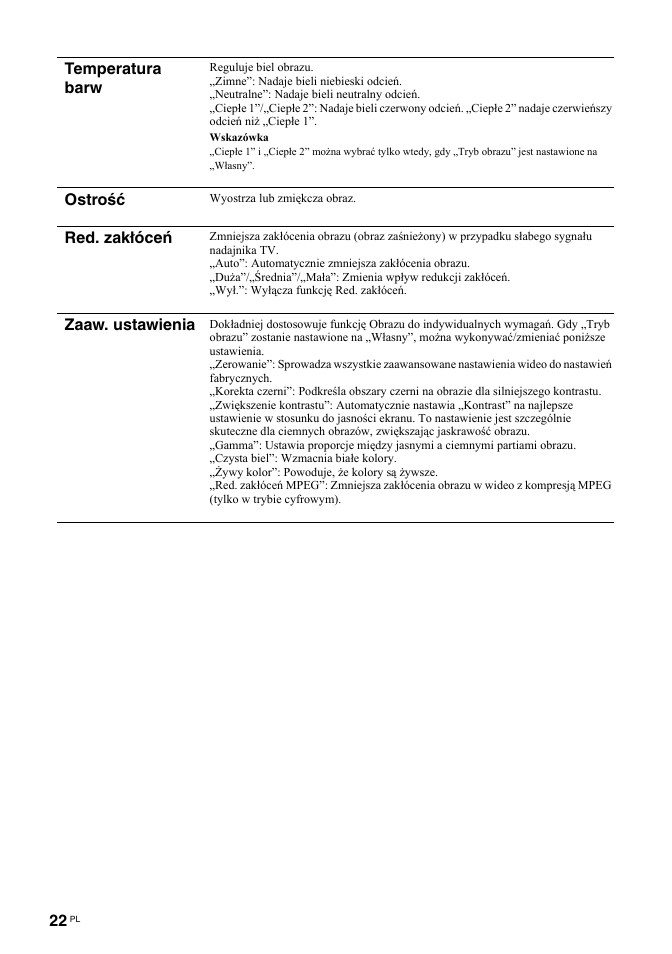 Temperatura barw, Ostrość, Red. zakłóceń | Zaaw. ustawienia | Sony KDL-32S2030 User Manual | Page 108 / 129