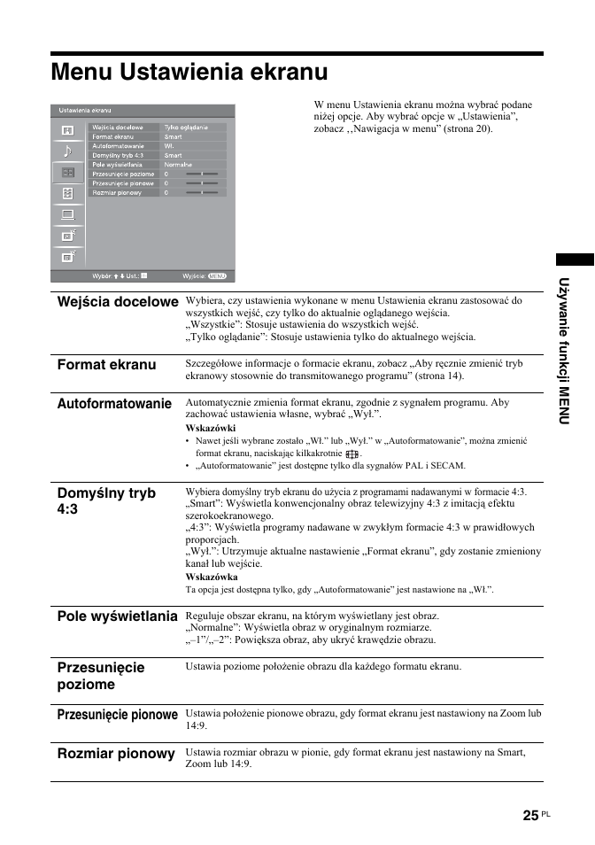 Menu ustawienia ekranu | Sony KDL-32S2030 User Manual | Page 111 / 129