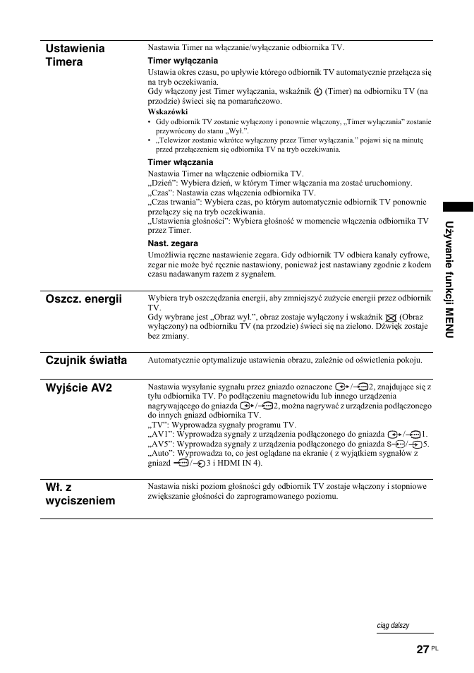 Ustawienia timera, Oszcz. energii, Czujnik światła | Wyjście av2, Wł. z wyciszeniem, Używanie funkcji menu | Sony KDL-32S2030 User Manual | Page 113 / 129