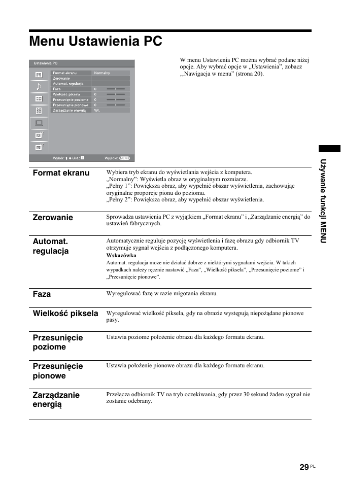 Menu ustawienia pc | Sony KDL-32S2030 User Manual | Page 115 / 129