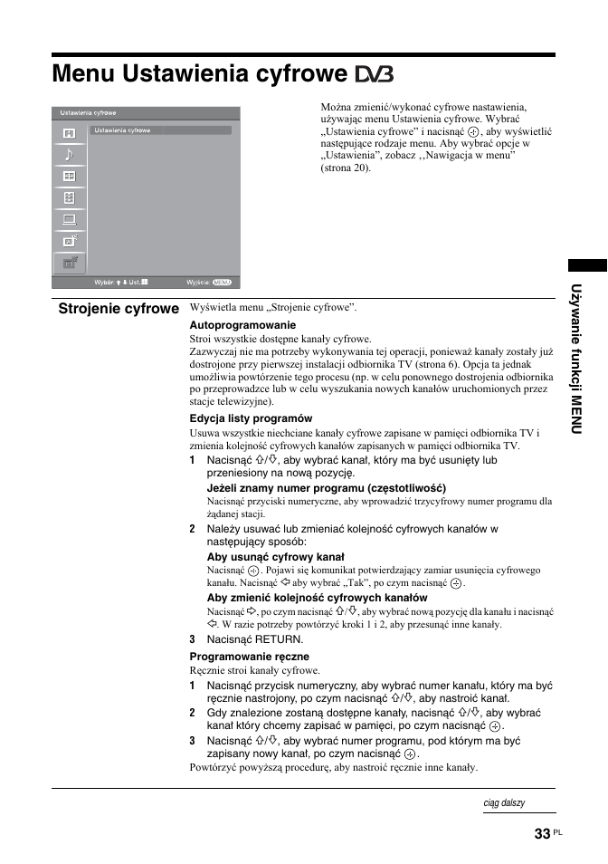 Menu ustawienia cyfrowe, Strojenie cyfrowe | Sony KDL-32S2030 User Manual | Page 119 / 129