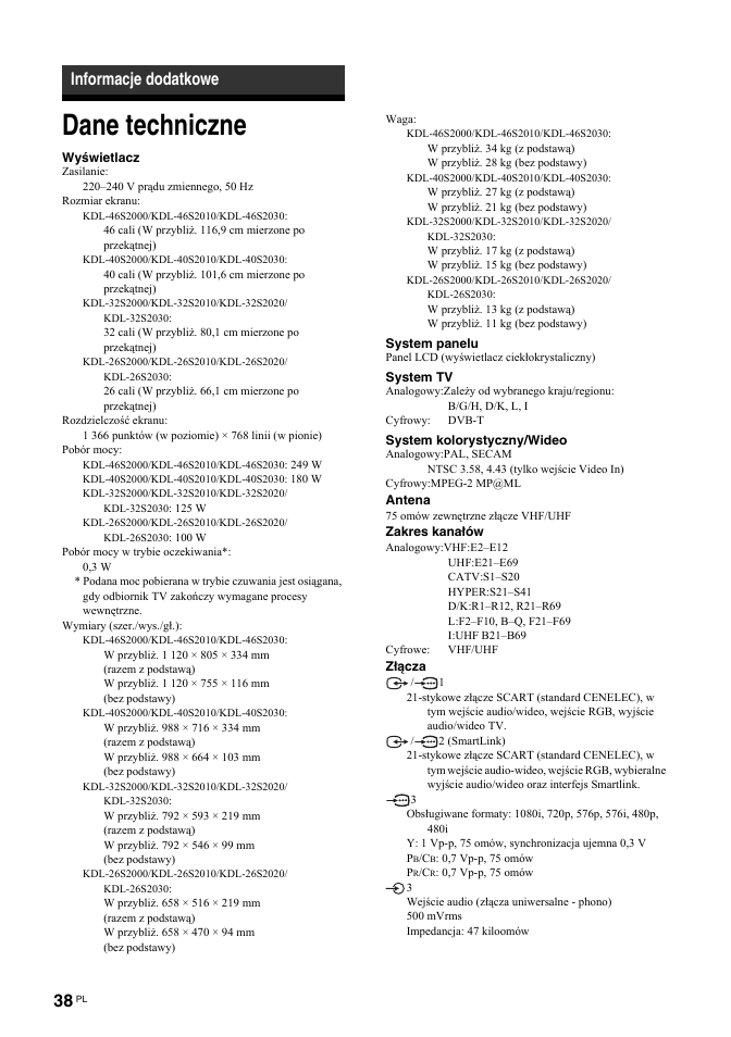 Dane techniczne, Informacje dodatkowe | Sony KDL-32S2030 User Manual | Page 124 / 129