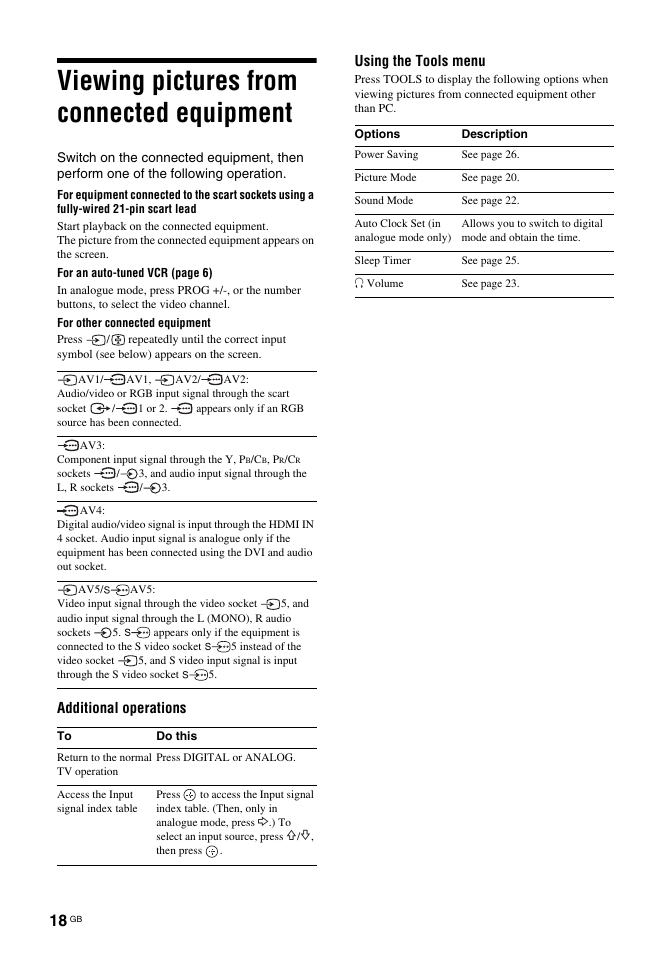 Viewing pictures from connected equipment, Additional operations using the tools menu | Sony KDL-32S2030 User Manual | Page 18 / 129
