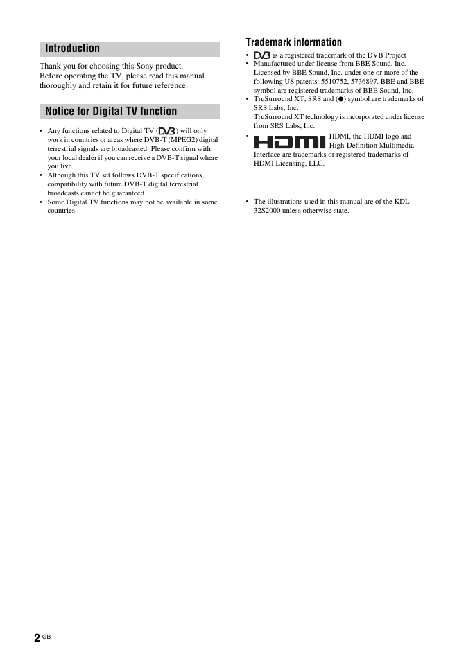 Introduction notice for digital tv function, Trademark information | Sony KDL-32S2030 User Manual | Page 2 / 129