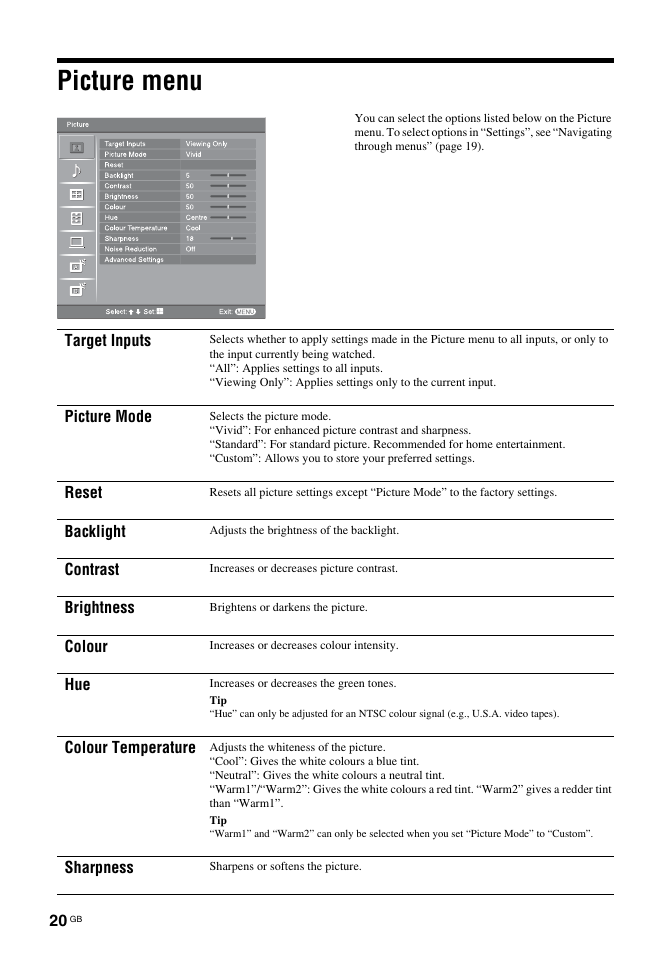 Picture menu | Sony KDL-32S2030 User Manual | Page 20 / 129