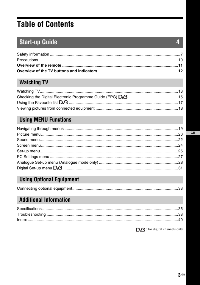 Sony KDL-32S2030 User Manual | Page 3 / 129