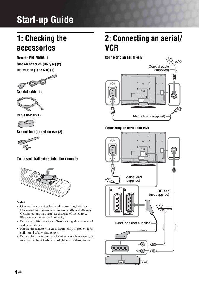 Start-up guide, Checking the accessories, Connecting an aerial/ vcr | Sony KDL-32S2030 User Manual | Page 4 / 129