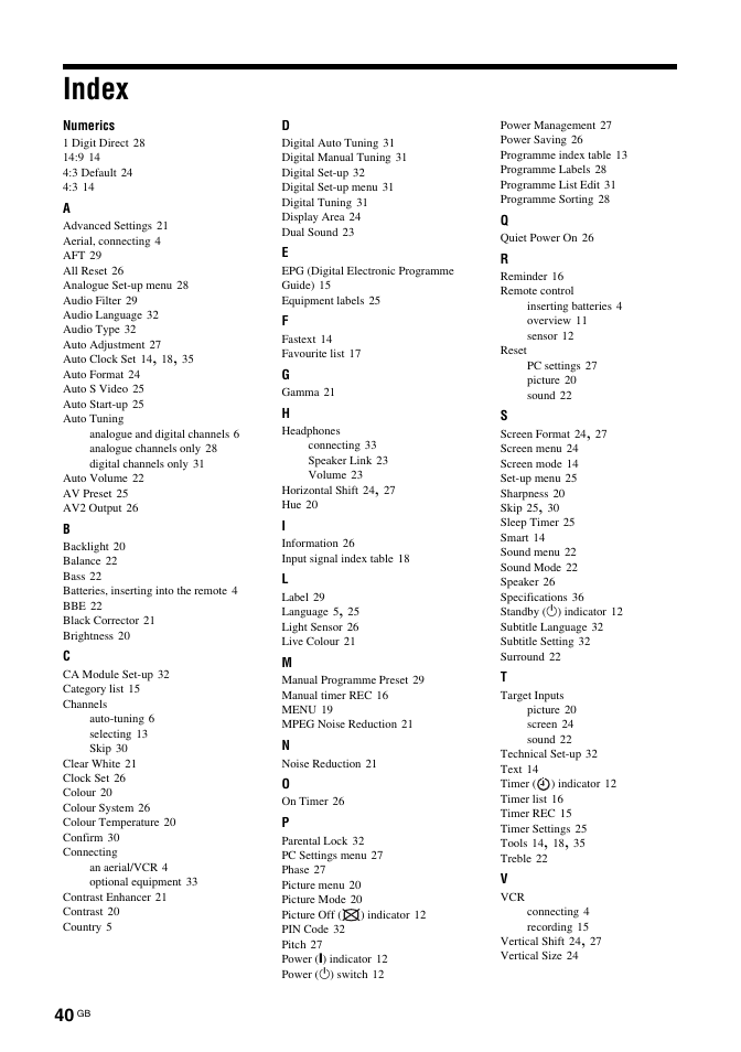 Index | Sony KDL-32S2030 User Manual | Page 40 / 129