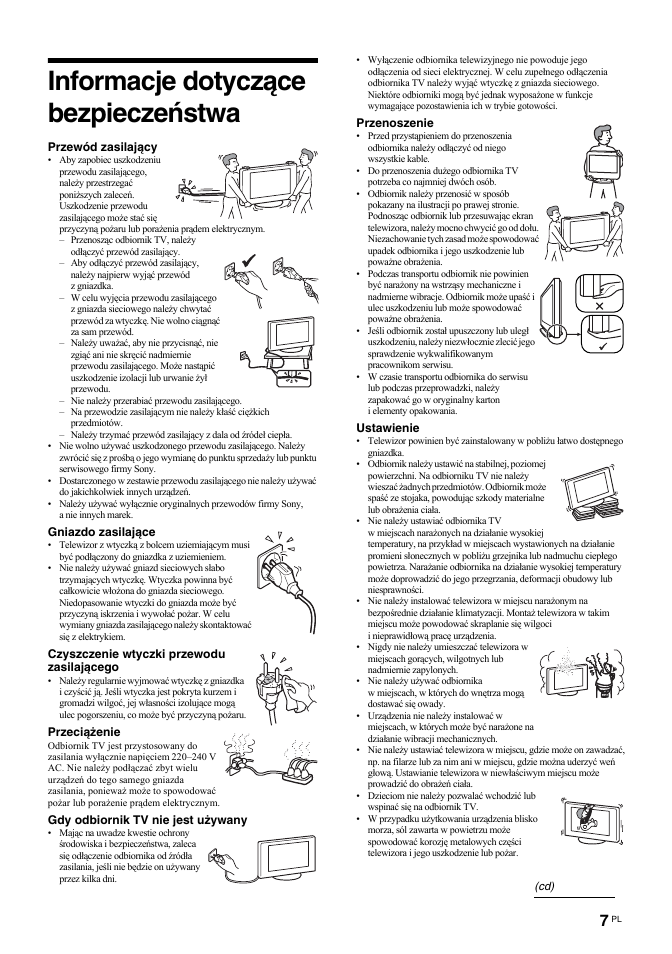 Informacje dotyczące bezpieczeństwa | Sony KDL-32S2030 User Manual | Page 93 / 129