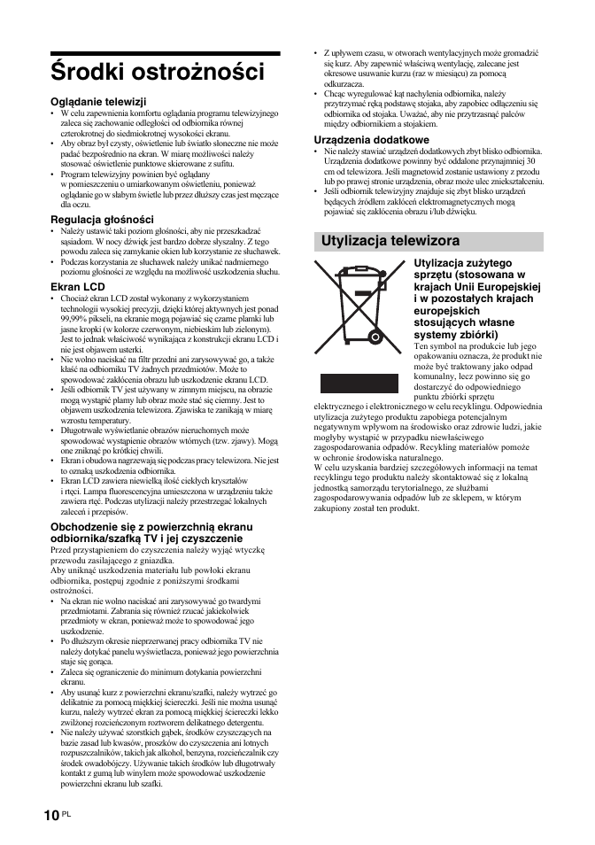 Środki ostrożności, Utylizacja telewizora | Sony KDL-32S2030 User Manual | Page 96 / 129