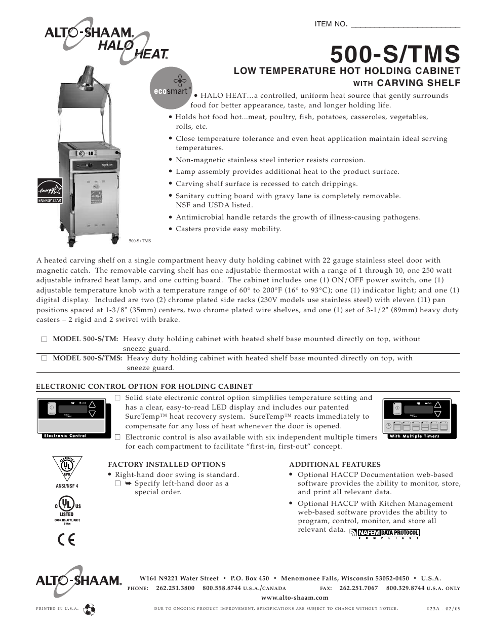 Alto-Shaam Halo Heat MODEL 500-S/TMS User Manual | 2 pages