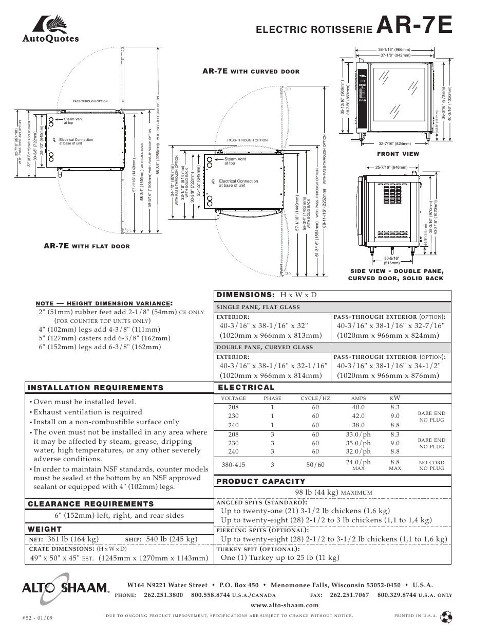 Ar-7e, Electric rotisserie, Oven must be installed level | Exhaust ventilation is required, Install on a non-combustible surface only | Alto-Shaam AR-7E User Manual | Page 2 / 4