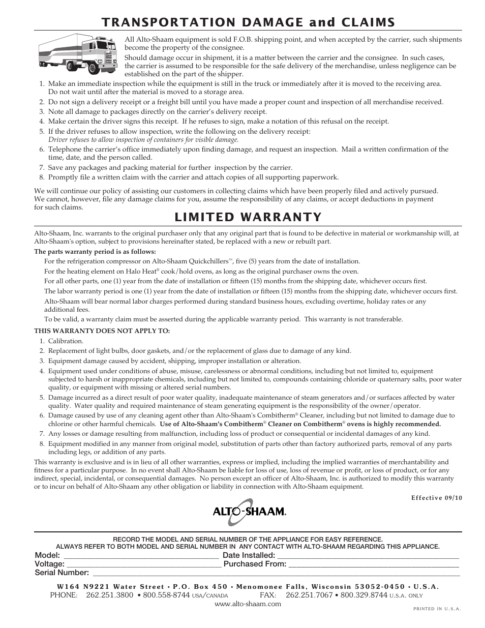 Transportation damage and claims, Limited warranty | Alto-Shaam 1000-SK/III User Manual | Page 38 / 38
