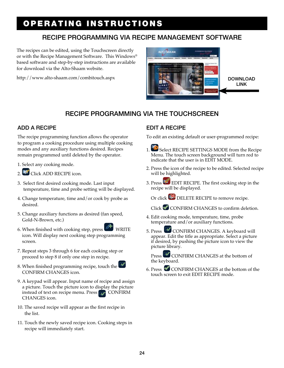 Recipe programming via the touchscreen, Recipe programming via recipe management software | Alto-Shaam Auto-Sham Combitouch Combination Oven/Steamer 7.14esG User Manual | Page 26 / 49