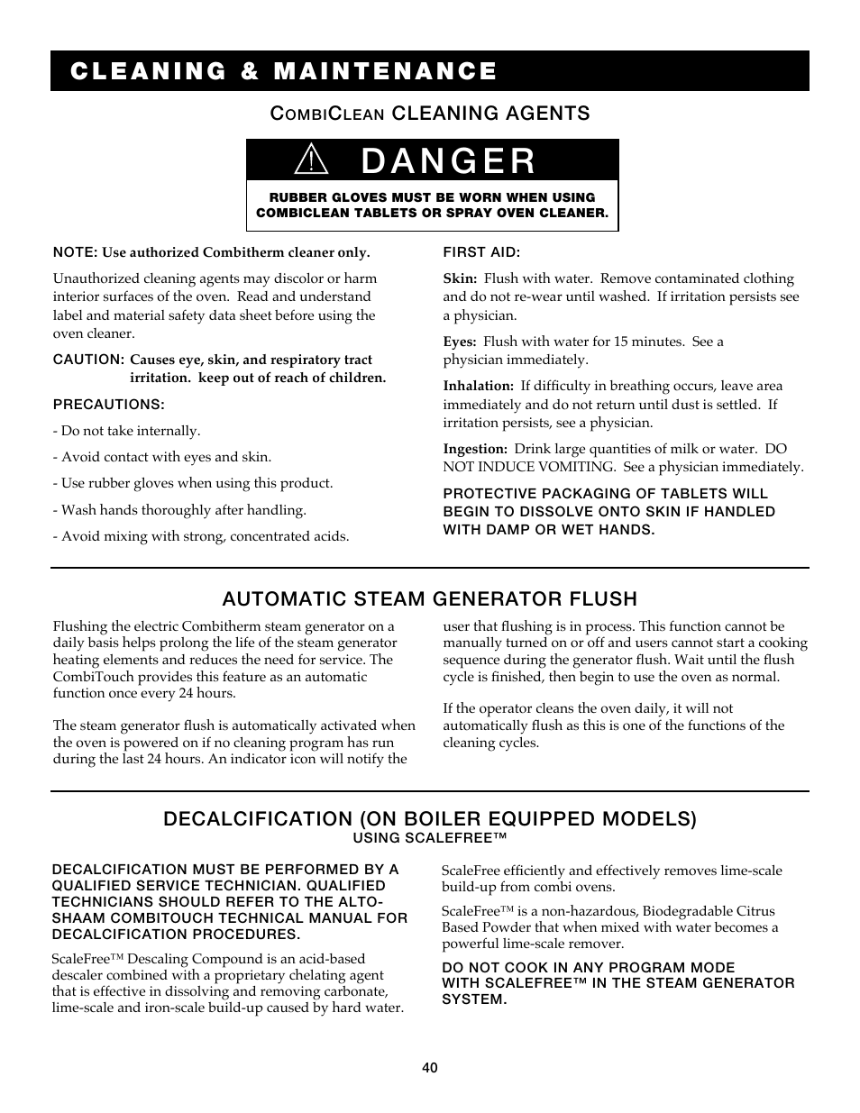 Automatic steam generator flush, Decalcification (on boiler equipped models), Cleaning agents | Alto-Shaam Auto-Sham Combitouch Combination Oven/Steamer 7.14esG User Manual | Page 42 / 49