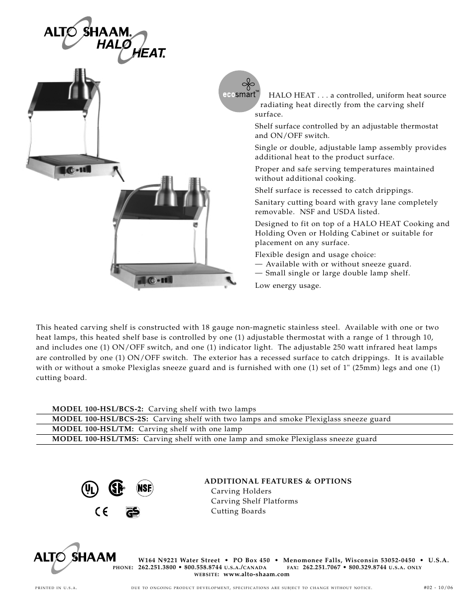 Alto-Shaam Halo Heat 100-HSL Series User Manual | 2 pages