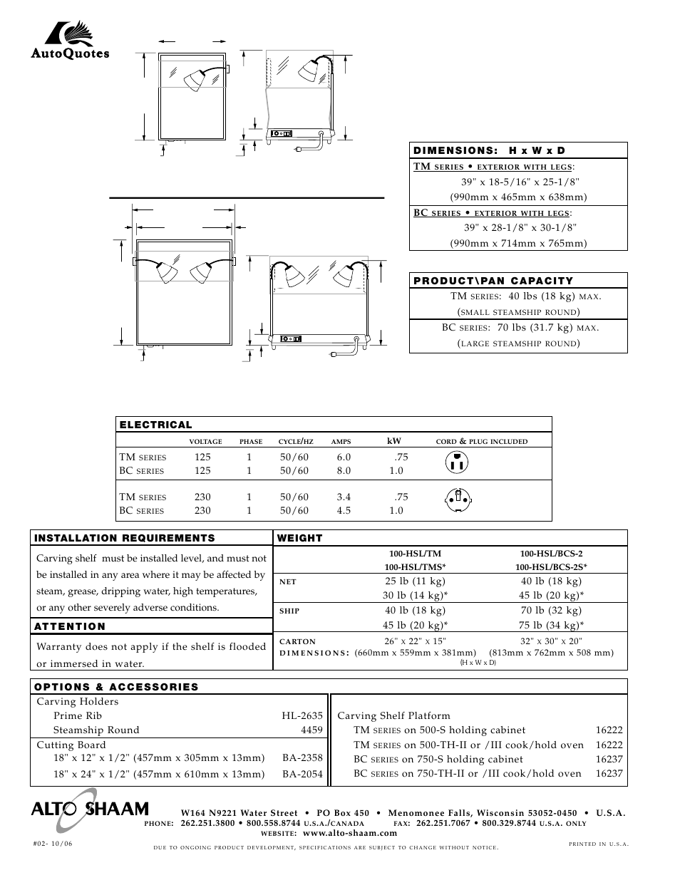 Series, Hot carving shelves | Alto-Shaam Halo Heat 100-HSL Series User Manual | Page 2 / 2