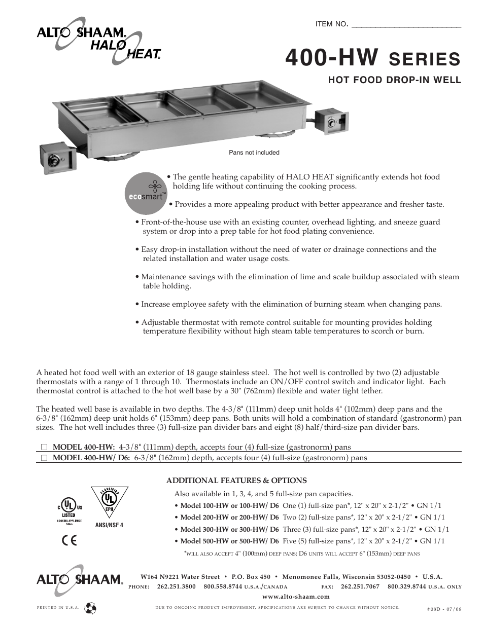 Alto-Shaam Hot Food Drop-In Well 400-HW User Manual | 2 pages