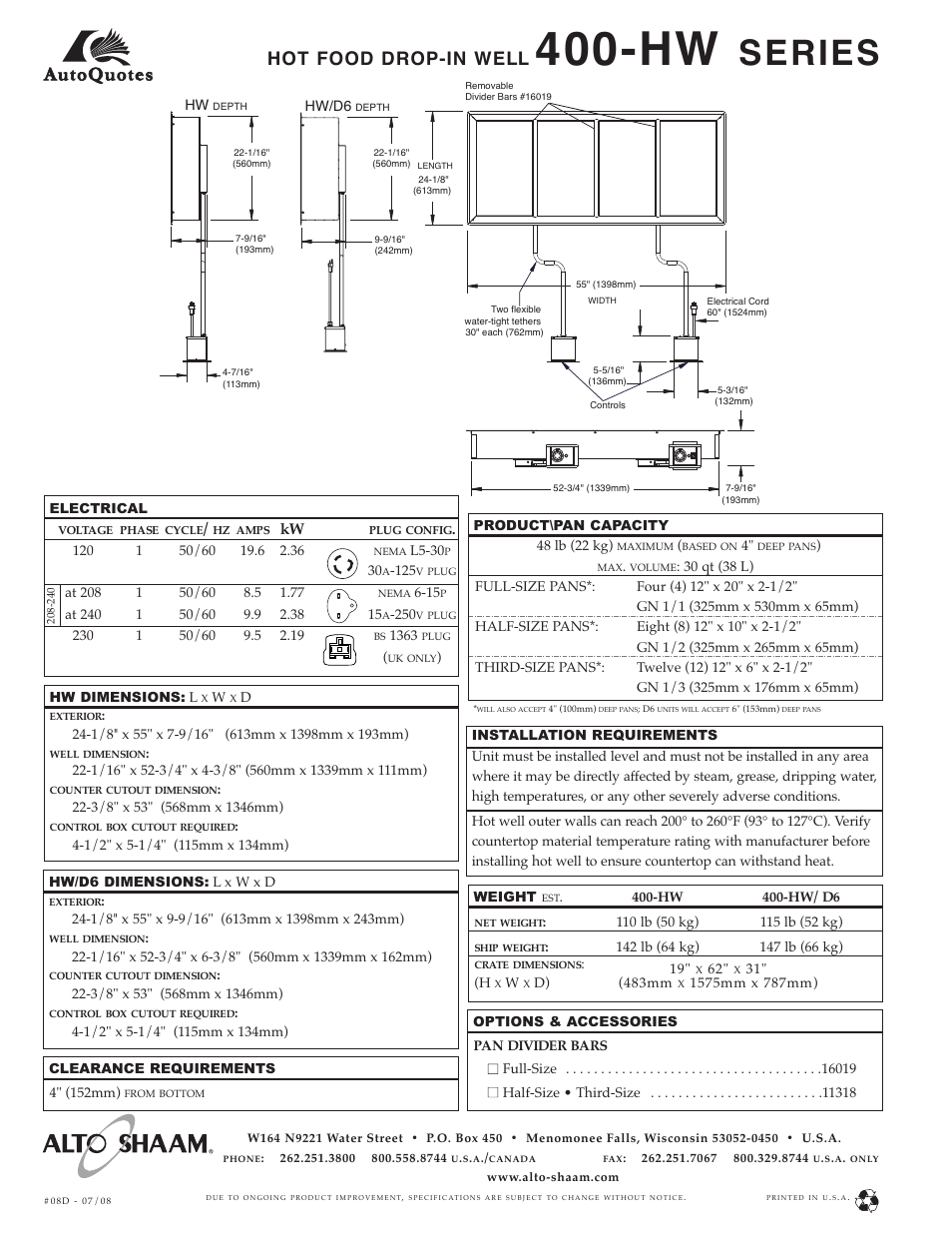 Series, Hot food drop-in well | Alto-Shaam Hot Food Drop-In Well 400-HW User Manual | Page 2 / 2