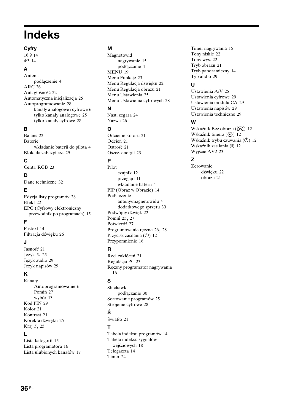 Indeks | Sony KDL-15G2000 User Manual | Page 106 / 108