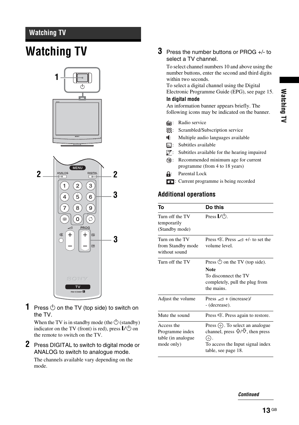Watching tv | Sony KDL-15G2000 User Manual | Page 13 / 108
