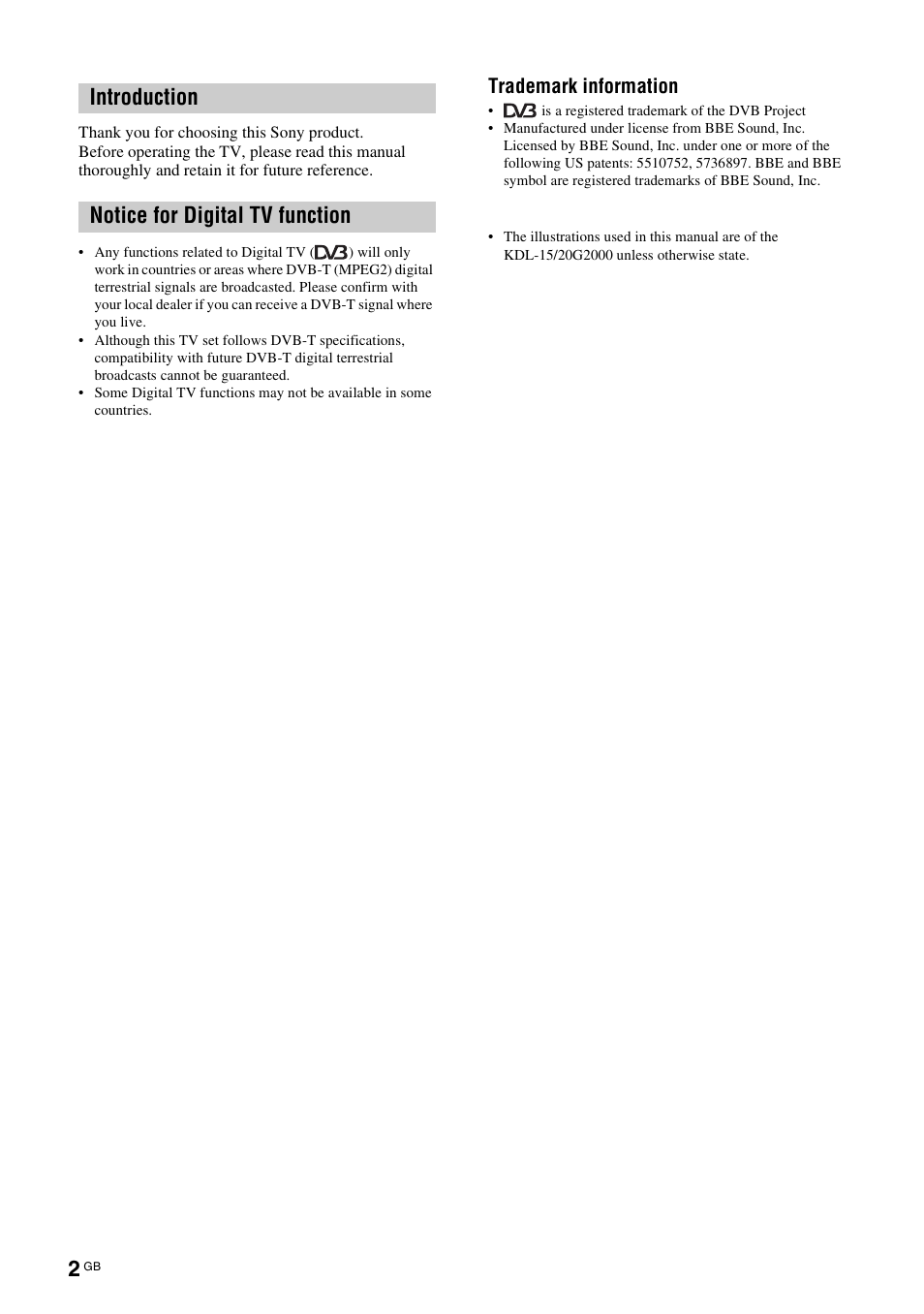 Introduction notice for digital tv function, Trademark information | Sony KDL-15G2000 User Manual | Page 2 / 108