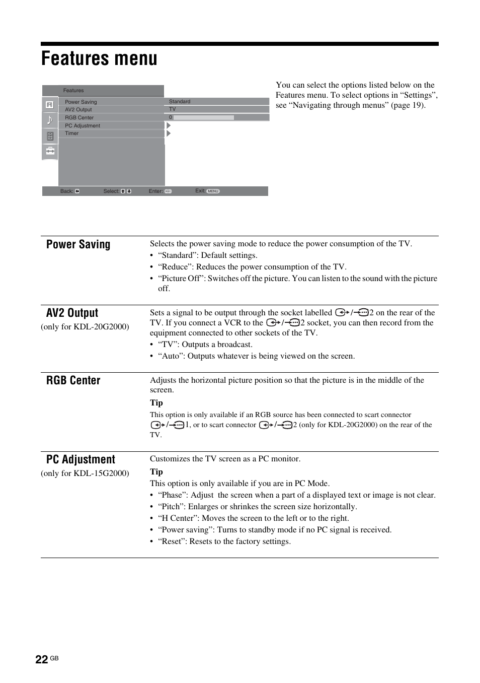 Features menu, Power saving, Av2 output | Rgb center, Pc adjustment | Sony KDL-15G2000 User Manual | Page 22 / 108