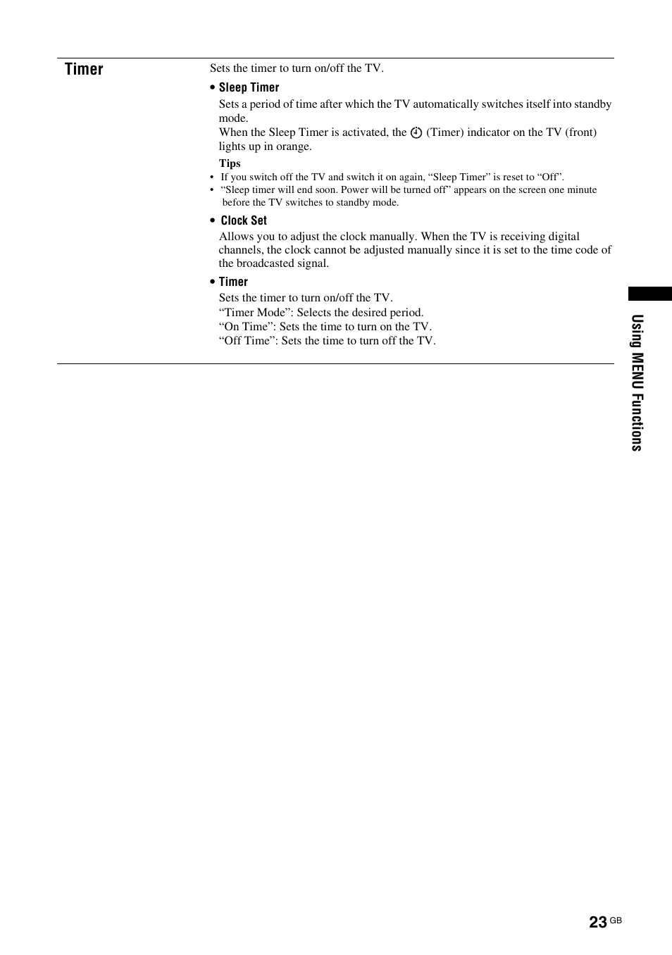 Timer | Sony KDL-15G2000 User Manual | Page 23 / 108