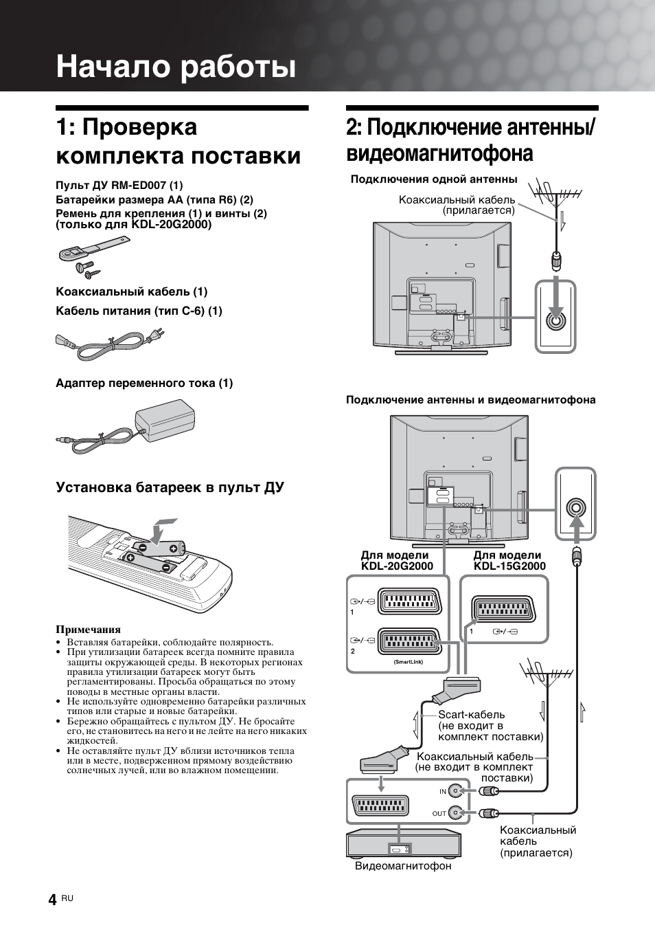 Начало работы, Проверка комплекта поставки, Подключение антенны/ видеомагнитофона | Sony KDL-15G2000 User Manual | Page 38 / 108