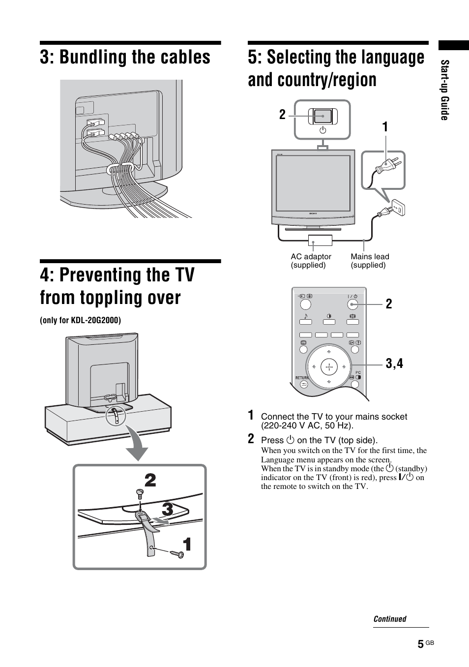 Selecting the language and country/region | Sony KDL-15G2000 User Manual | Page 5 / 108