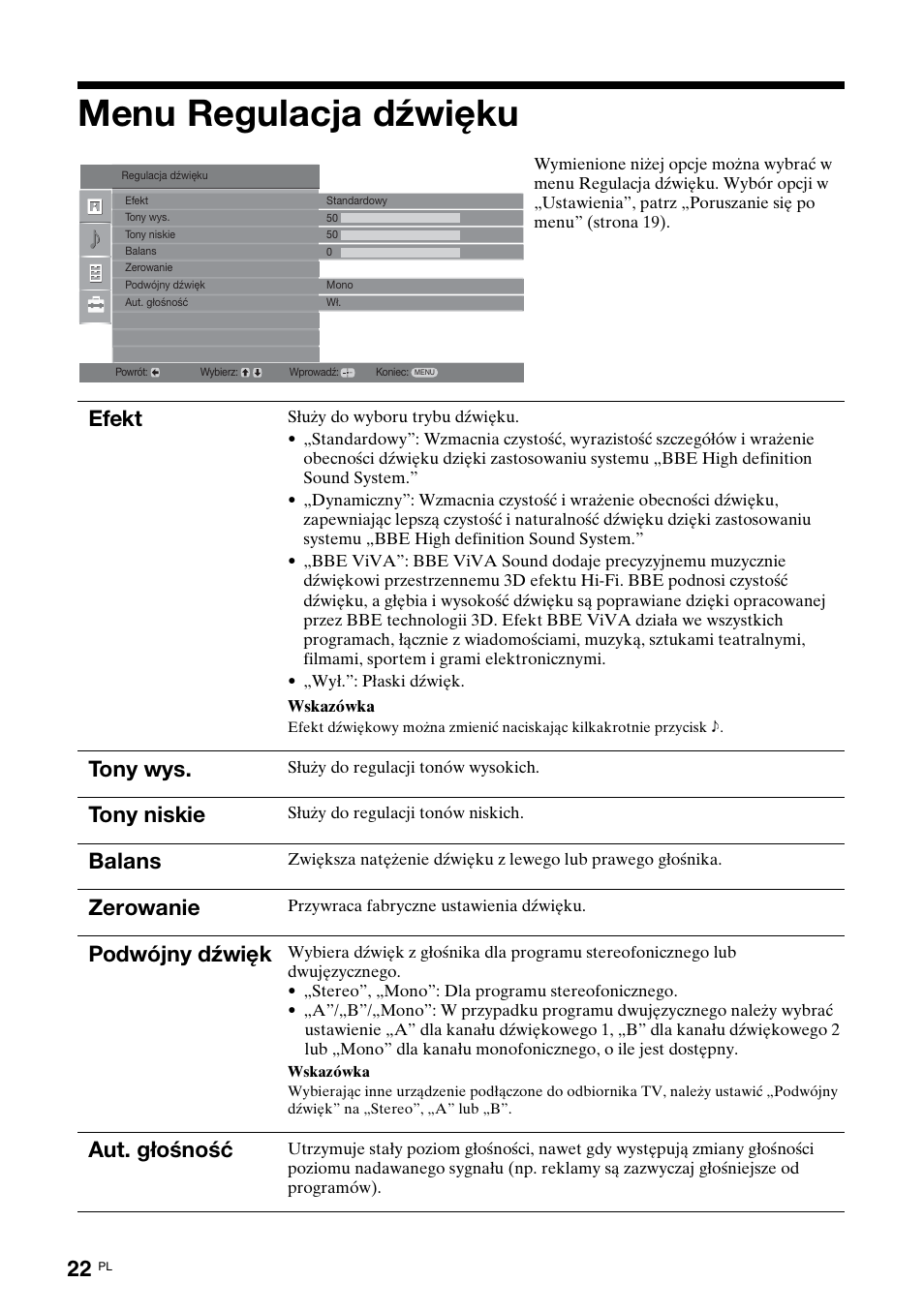 Menu regulacja dźwięku, Efekt, Tony wys | Tony niskie, Balans, Zerowanie, Podwójny dźwięk, Aut. głośność | Sony KDL-15G2000 User Manual | Page 92 / 108