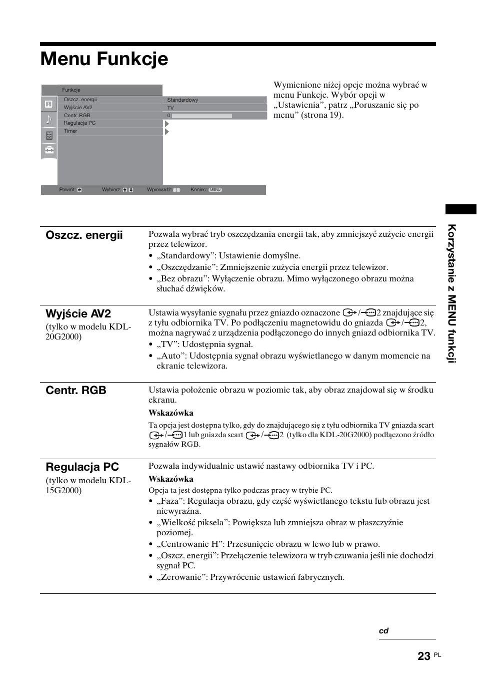 Menu funkcje, Oszcz. energii, Wyjście av2 | Centr. rgb, Regulacja pc | Sony KDL-15G2000 User Manual | Page 93 / 108