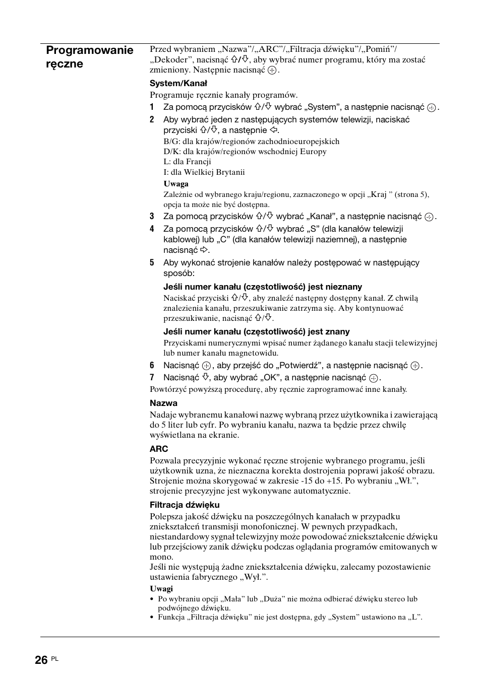Programowanie ręczne | Sony KDL-15G2000 User Manual | Page 96 / 108