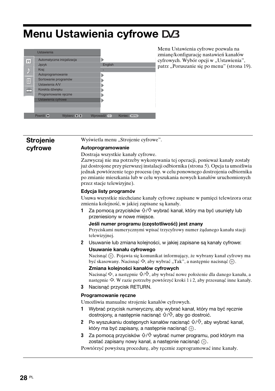Menu ustawienia cyfrowe, Strojenie cyfrowe | Sony KDL-15G2000 User Manual | Page 98 / 108