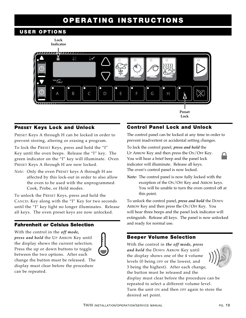 Keys lock and unlock, Fahrenheit or celsius selection, Control panel lock and unlock | Beeper volume selection | Alto-Shaam 1000-TH/III User Manual | Page 21 / 42