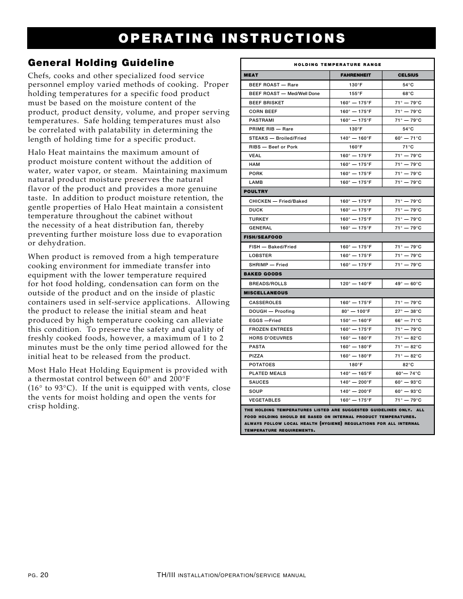General holding guideline, 20 th/iii | Alto-Shaam 1000-TH/III User Manual | Page 22 / 42