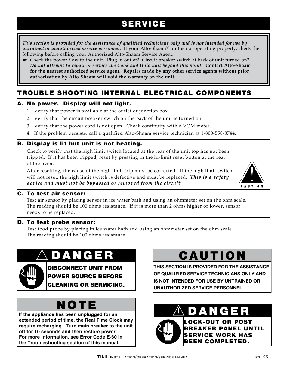N o t e, Trouble shooting internal electrical components | Alto-Shaam 1000-TH/III User Manual | Page 27 / 42