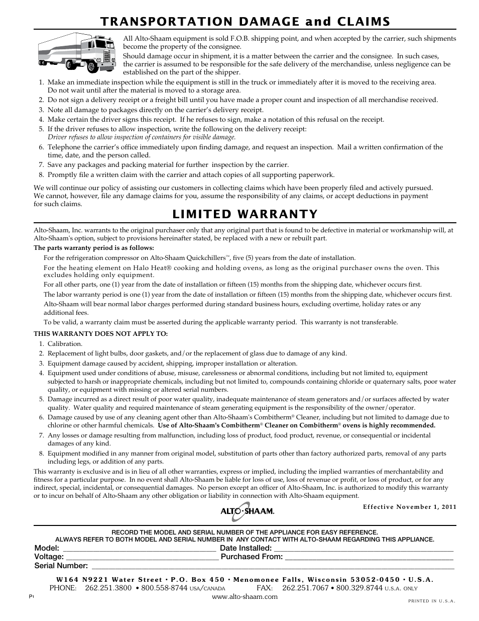 Transportation damage and claims, Limited warranty | Alto-Shaam 1000-TH/III User Manual | Page 42 / 42