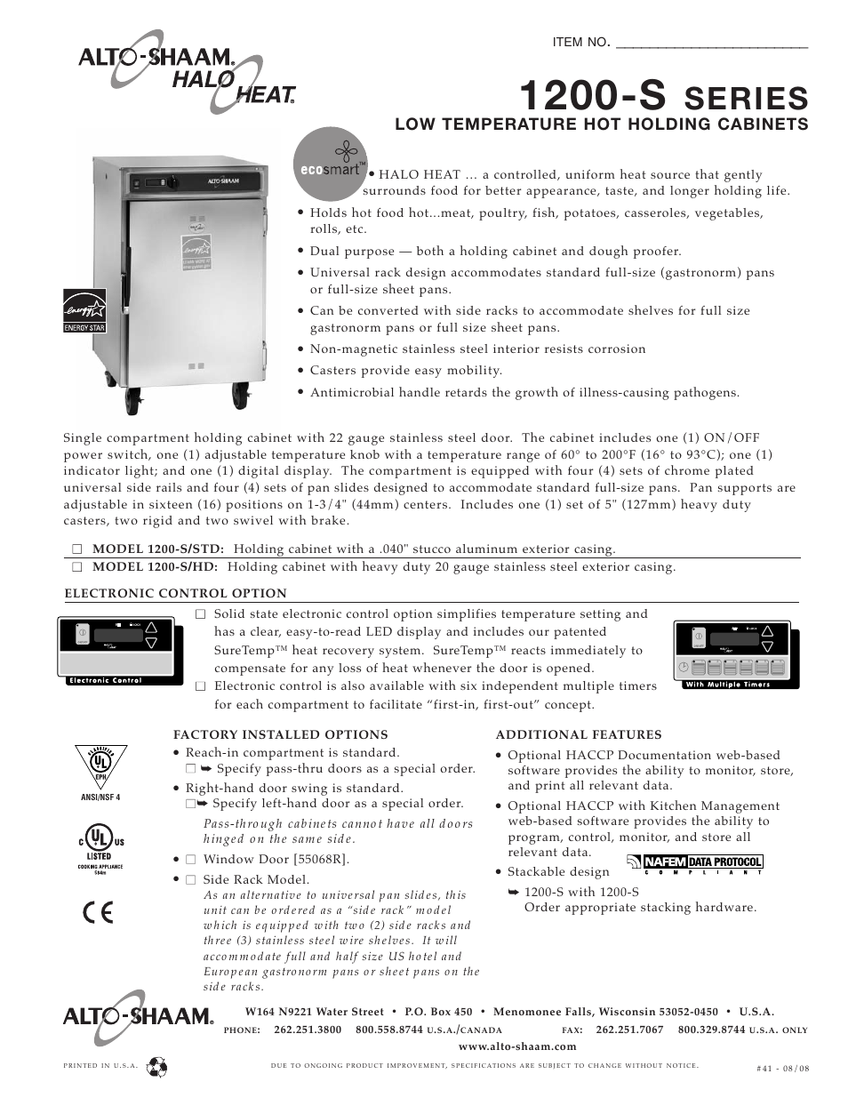 Alto-Shaam 1200-S/HD User Manual | 2 pages