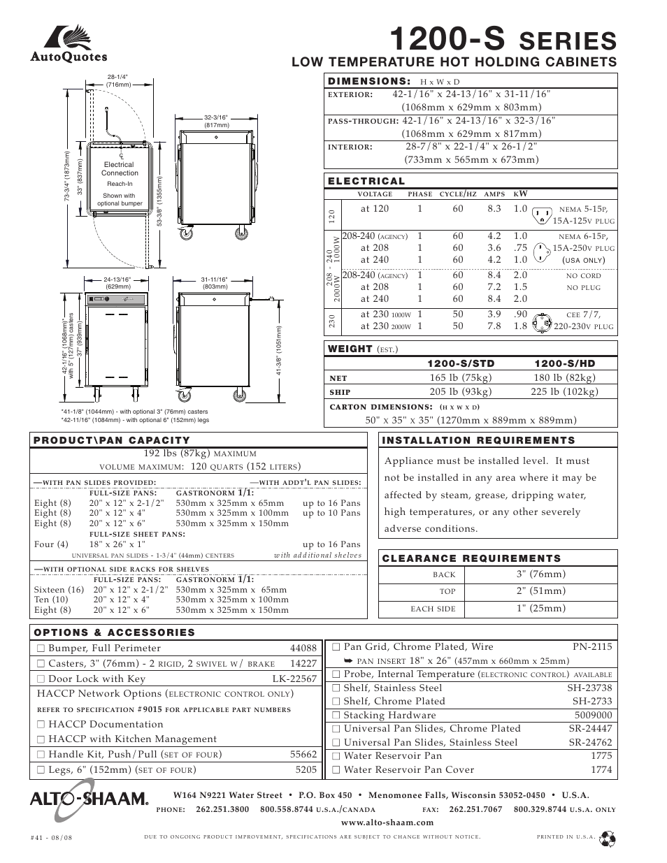 1200-s, Series, Low temperature hot holding cabinets | Alto-Shaam 1200-S/HD User Manual | Page 2 / 2